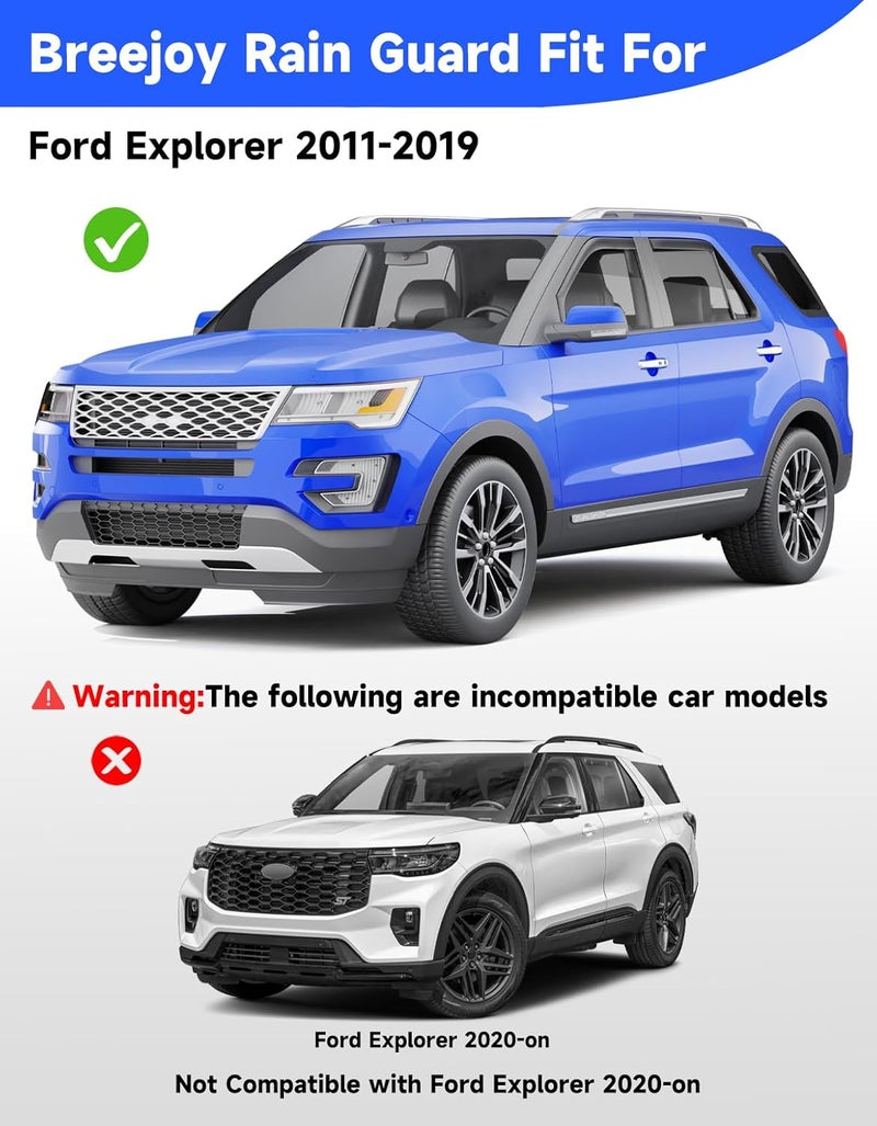 Breejoy in-Channel Window Rain Guards Fit for Ford Explorer 2011 2012 2013 2014 2015 2016 2017 2018 2019, Extra Durable Visors Vent Visors Window Deflector Vent Shades Car Accessories -4 pcs - Image 3